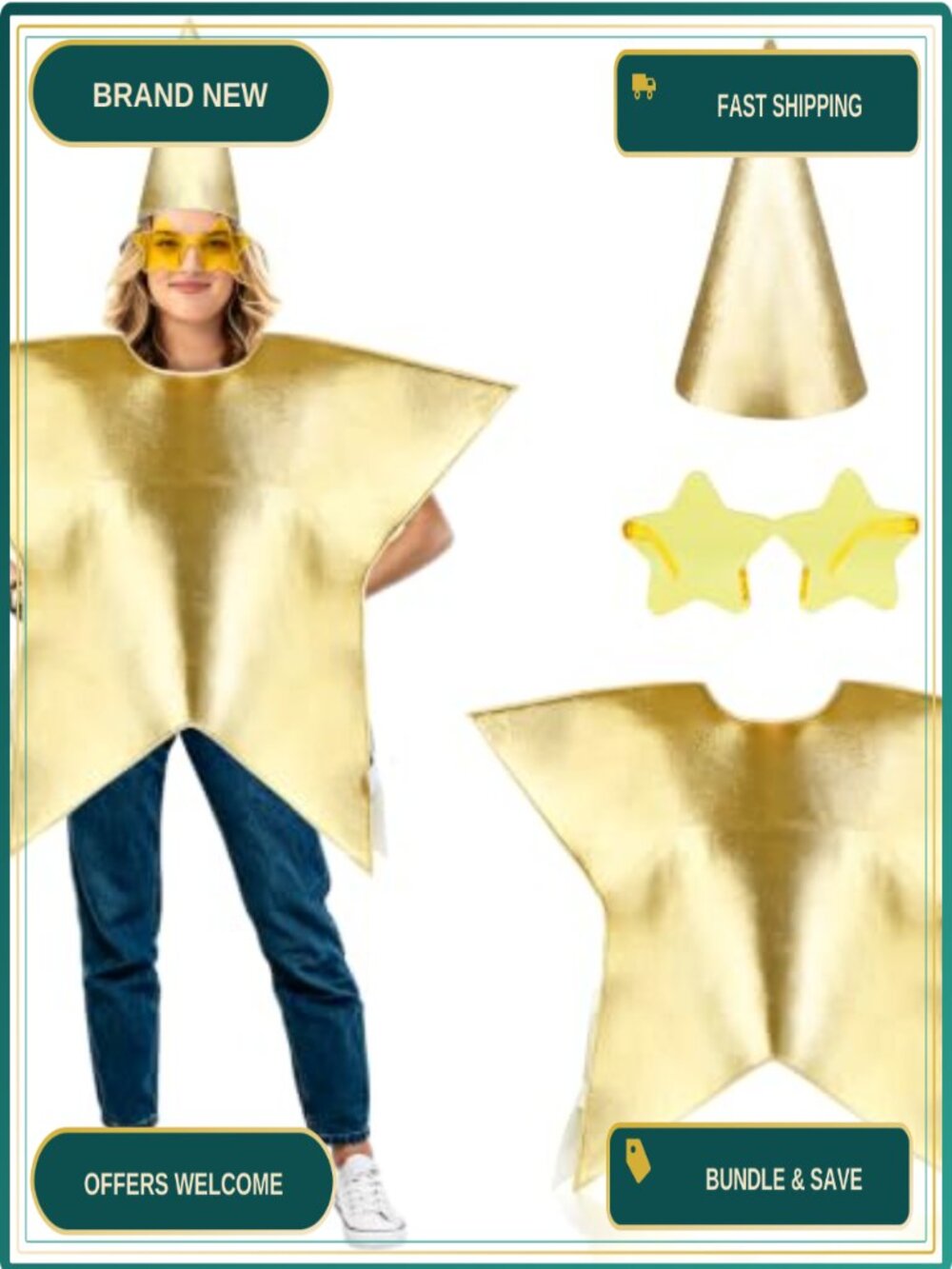 Gold Star Costume for Adults Halloween Cosplay Nativity Play Dress Hat Glasses